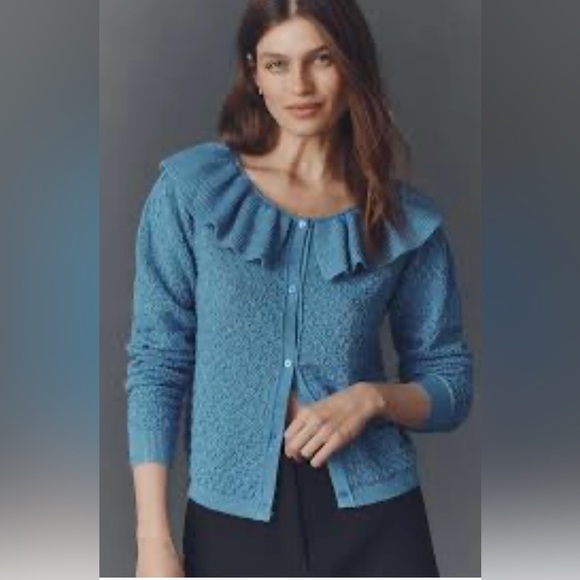 New Maeve Pointelle Wool Blend Blue Ruffled Women's Cardigan Sweater Size S